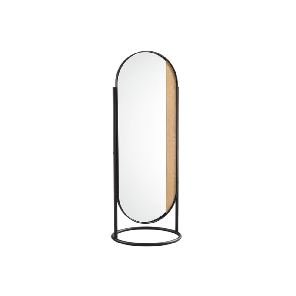"Modern Freestanding Oval Mirror with Wooden Accent and Metal Frame"